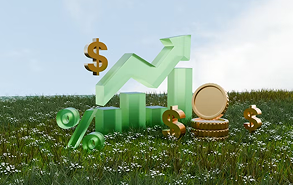 3D financial symbols including dollar sign and coins on grass